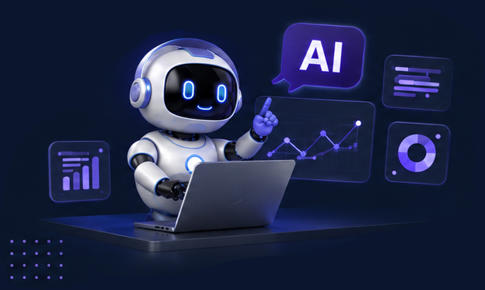 AI assistant working on a laptop with analytics panels